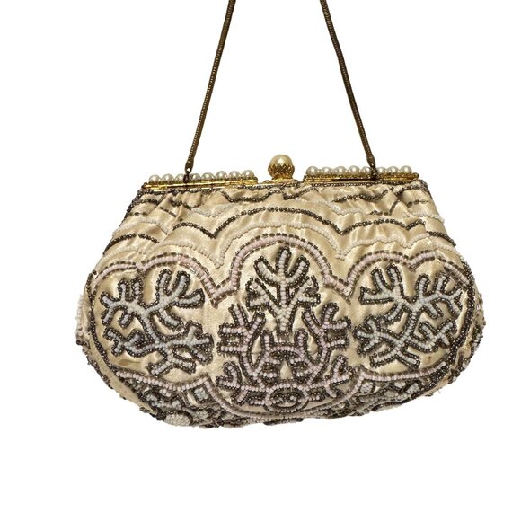 Vintage Handmade Bag Womens Silk Cream 60s Beaded Pearls French Mini Handbag - Picture 2 of 8